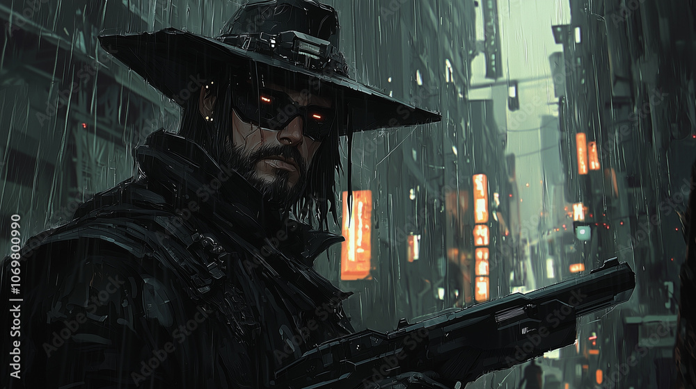 Masked figure with glowing eyes in a futuristic city under heavy rain, holding a futuristic weapon