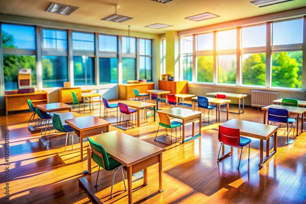 Tilt-Shift Photography of an Empty Classroom Featuring Desks and Chairs Bathed in Soft Natural Light, Evoking a Sense of Peace and Solitude in an Educational Environment Tilt-Shift Photography of an Empty Classroom Featuring Desks and Chairs Bathed in Soft Natural Light, Evoking a Sense of Peace and Solitude in an Educational Environment