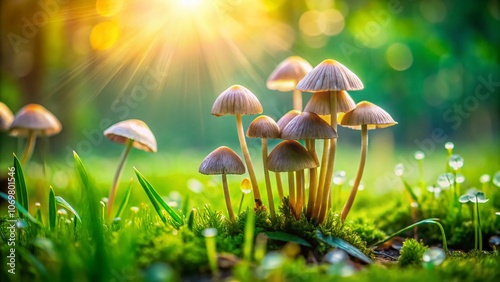 Wallpaper Mural Tiny Wild Mushroom Growth on Lush Green Grass: A Close-Up Landscape Photography Shot Capturing the Beauty of Nature in Macro Detail Torontodigital.ca