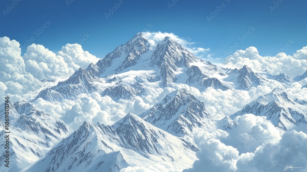 Majestic Snow Capped Mountain Peaks Above Cloudscape Majestic Snow Capped Mountain Peaks Above Cloudscape