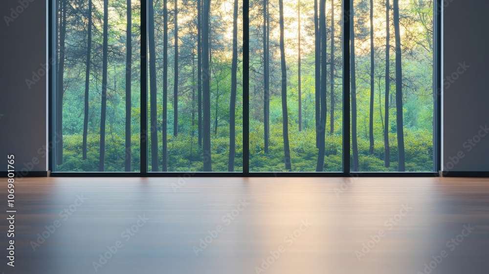 A serene interior view featuring large windows overlooking a lush green forest, inviting natural light and tranquility indoors. A serene interior view featuring large windows overlooking a lush green forest, inviting natural light and tranquility indoors.