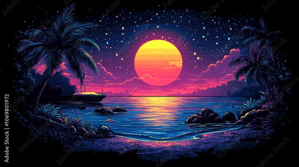 Tropical Sunset Beach Scene Yacht Palms Ocean Stars Moon Tropical Sunset Beach Scene Yacht Palms Ocean Stars Moon