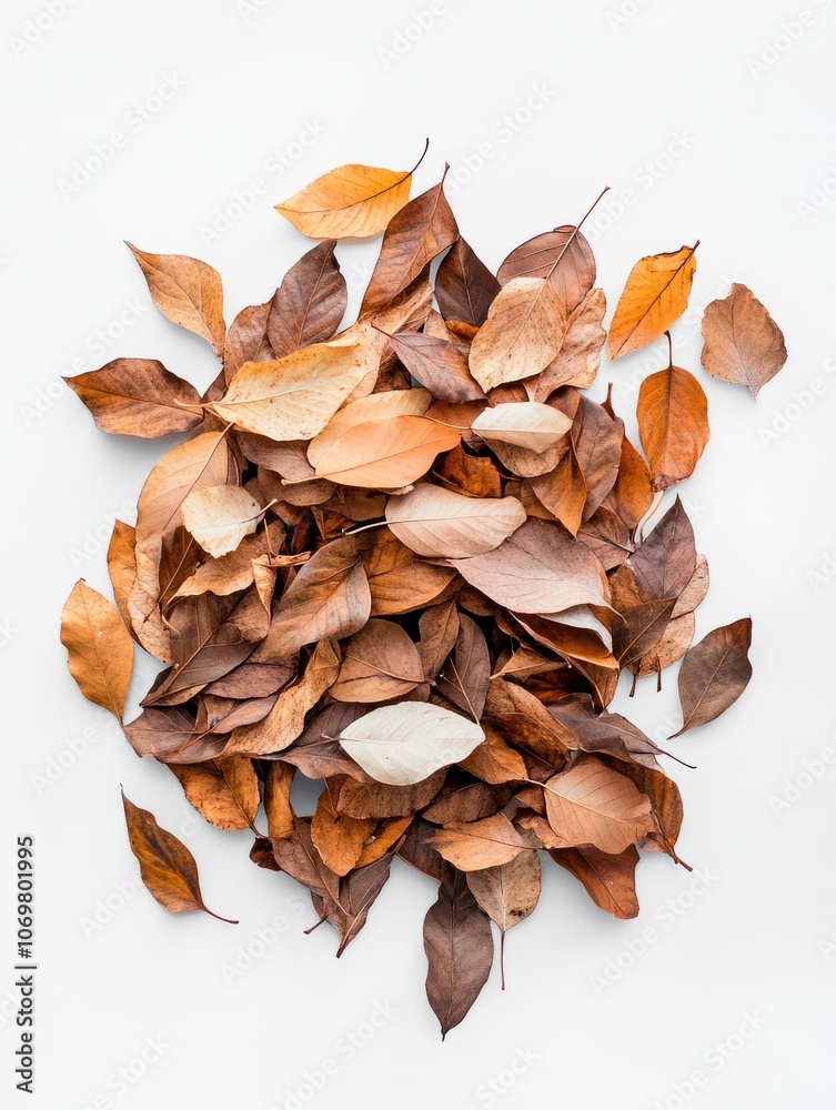 A neat pile of dry autumn leaves in various shades of brown and orange, isolated on a clean white background A neat pile of dry autumn leaves in various shades of brown and orange, isolated on a clean white background