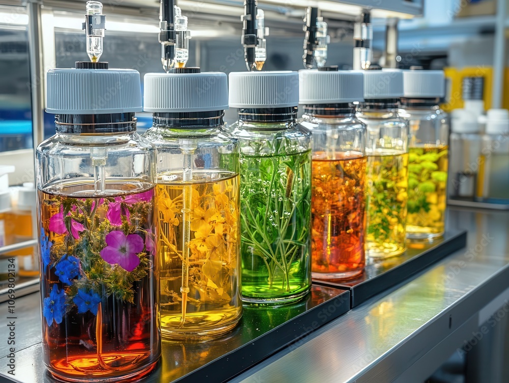 Biological lab experiment with plant samples, representing biotechnology and plant research Biological lab experiment with plant samples, representing biotechnology and plant research