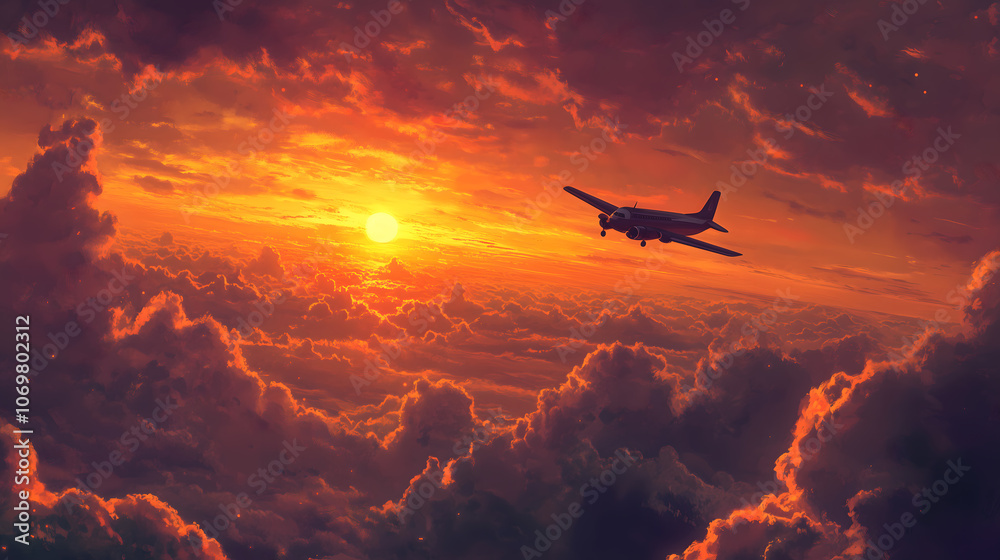Naklejka premium Airplane in the sky at sunset