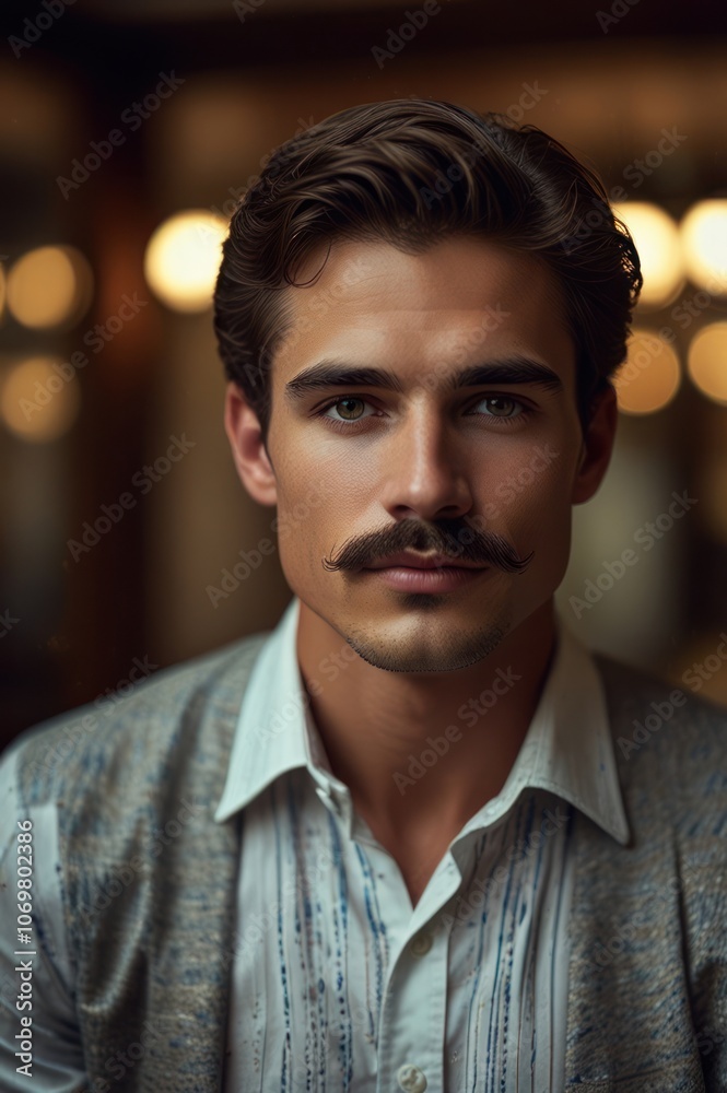 portrait of a handsome masculine man with a thick moustache and neatly combed hair wearing a neat suit portrait of a handsome masculine man with a thick moustache and neatly combed hair wearing a neat suit