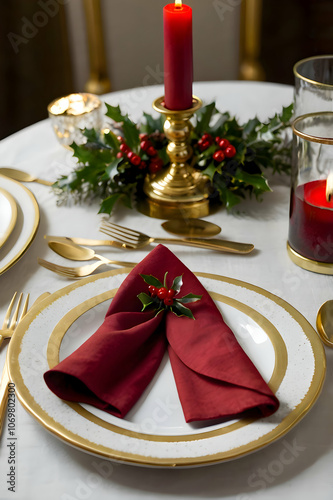 festive table setting, festive holiday, christmas, christmas dinner, holiday dinner, elegant table decor, gold-rimmed plate, red napkin, holly sprig, sparkling silverware, holiday elegance, fine dinin photo