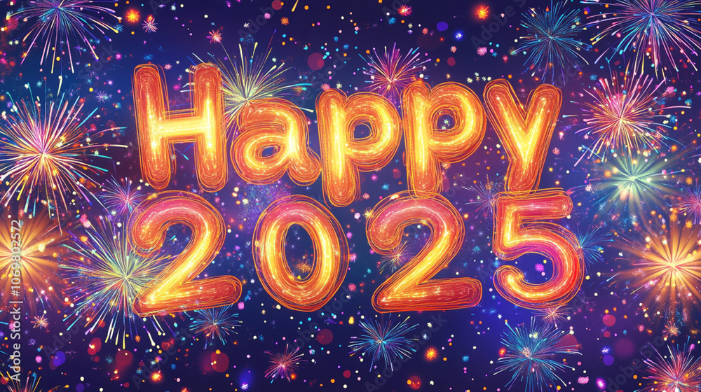 Happy 2025, with firework background for new year celebration banner. Happy 2025, with firework background for new year celebration banner.