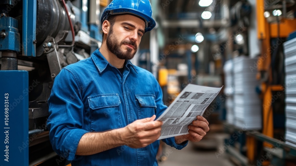 Industrial Worker Reading Documents in Factory Industrial Worker Reading Documents in Factory