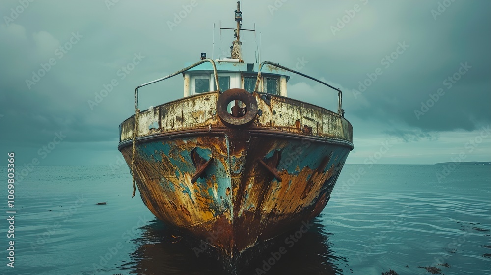Rusty Boat in the Ocean: A Nautical Scene of a Weathered Vessel Rusty Boat in the Ocean: A Nautical Scene of a Weathered Vessel