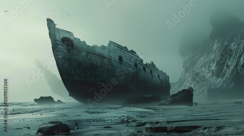 Eerie Shipwreck on a Foggy Beach: A Desolate Seascape