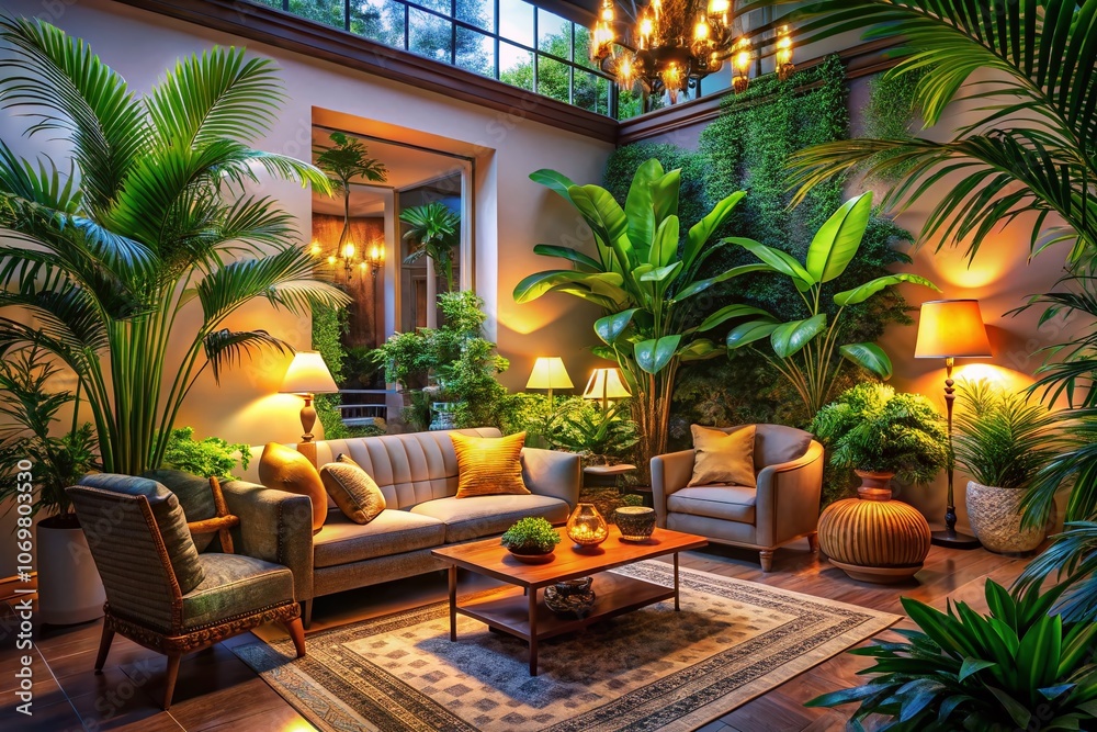 Obraz premium Tropical Elegance: A Serene Living Space Bathed in Warm Light with Lush Greenery and Stylish Decor for a Relaxing Ambiance