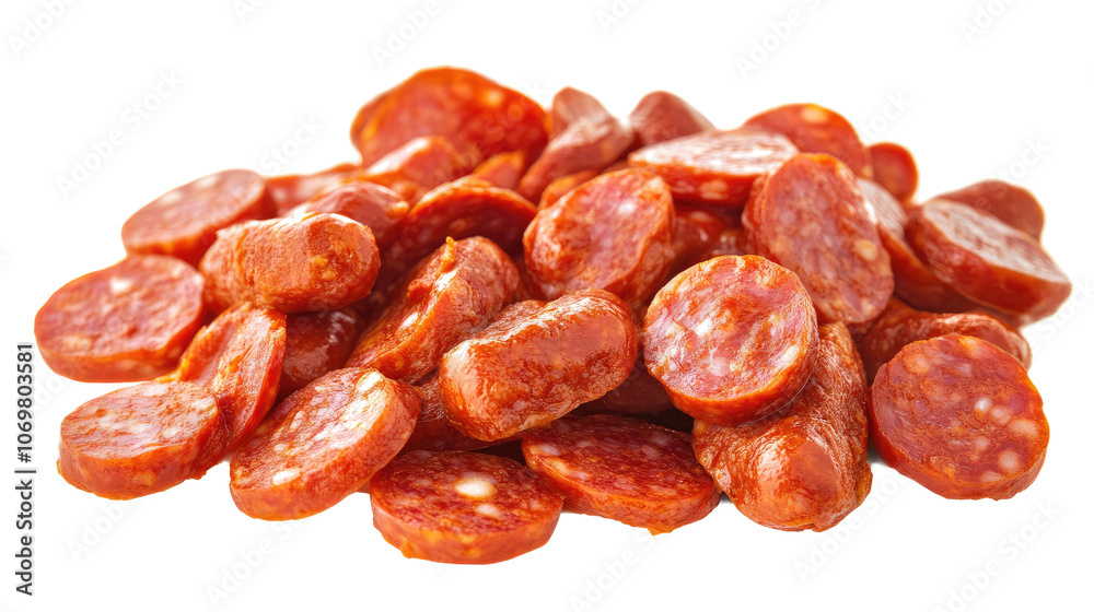 Collection of Pepperoni Slices Arranged on a White Background Generative AI Collection of Pepperoni Slices Arranged on a White Background Generative AI