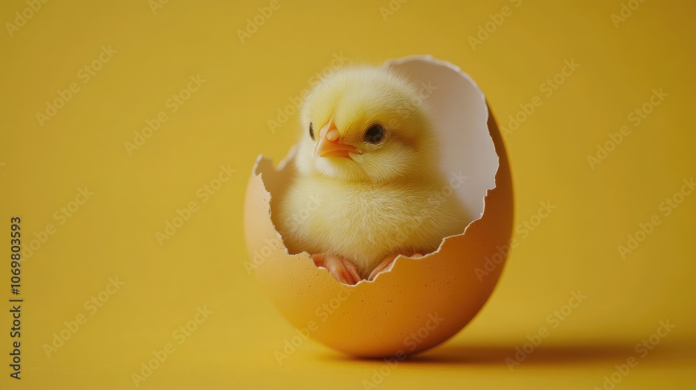 Adorable Yellow Chick in Cracked Eggshell on Bright Yellow Background – Playful and Minimalist Spring-Themed Image, Perfect for Easter, New Beginnings, Nature, and Seasonal Design Projects Adorable Yellow Chick in Cracked Eggshell on Bright Yellow Background – Playful and Minimalist Spring-Themed Image, Perfect for Easter, New Beginnings, Nature, and Seasonal Design Projects