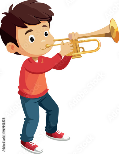 Young musician playing trumpet, cartoon illustration of a talented boy