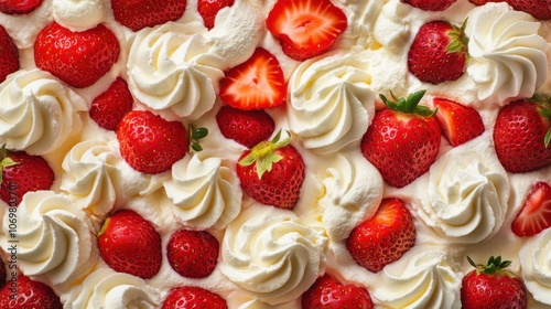 Top view of delicious strawberries and cream whipped cream and strawberry background