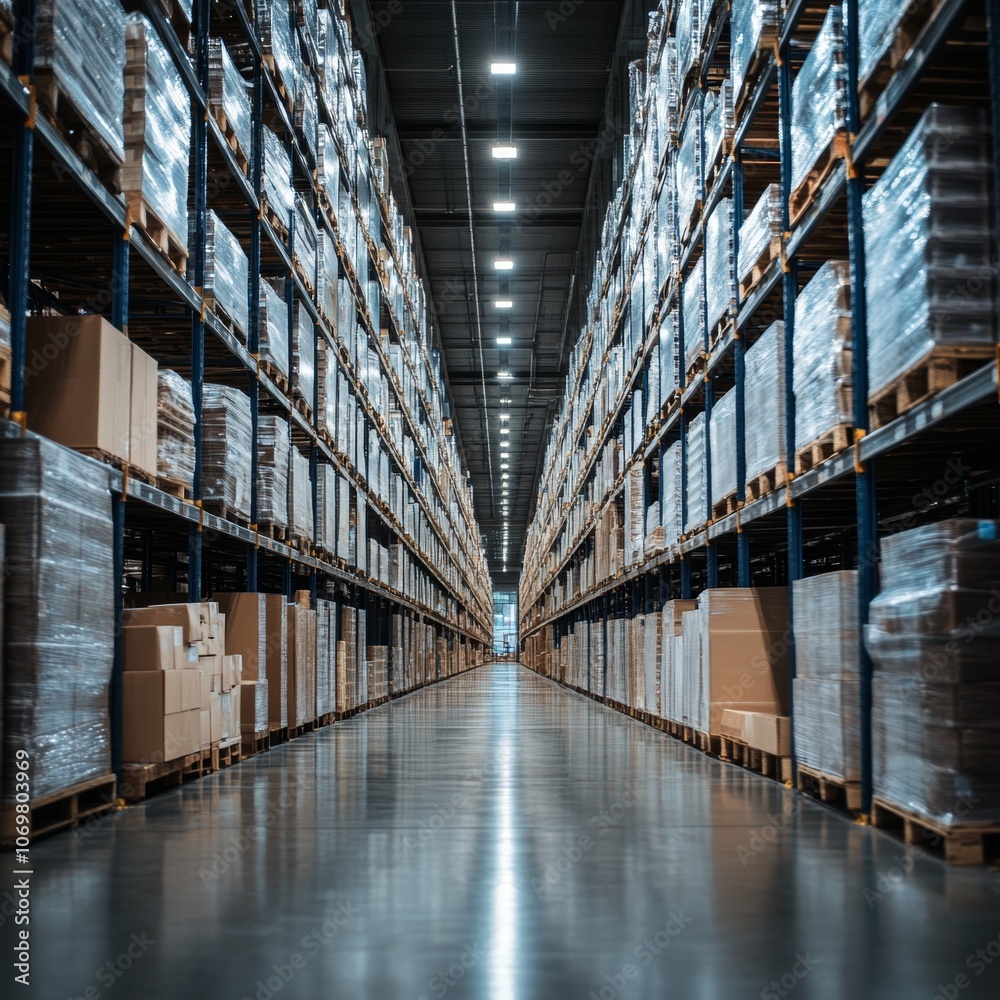 Fototapeta premium Industrial Warehouse Interior Rows of Pallets Storage Logistics Distribution Center Inventory