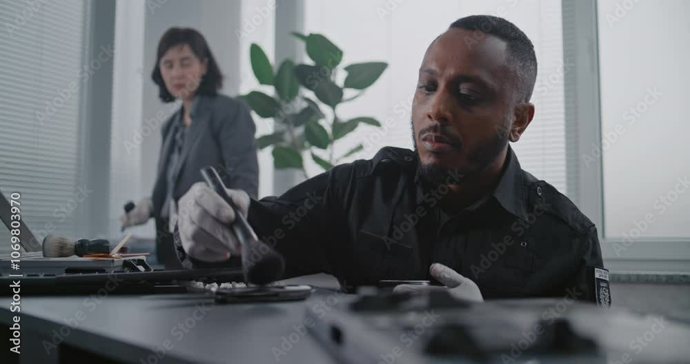 Murder case: Close up of African American policeman searching for fingerprints on murder weapon with brush and magnetic powder, talking to female forensic scientist. Investigation team at crime scene.