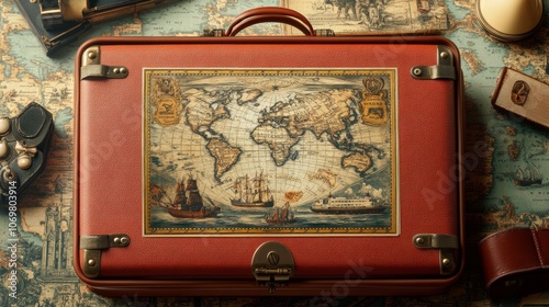 Vintage Travel Suitcase with Antique World Map Global Exploration Adventure