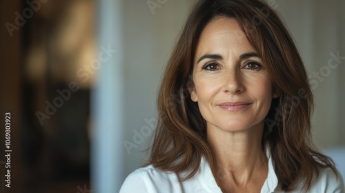 Successful woman headshot portrait, mature European businesswoman, confident expression, indoor setting