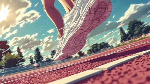 Depiction of running shoes positioned mid stride on a track capturing the essence of movement athleticism and the pursuit of personal goals and achievements photo