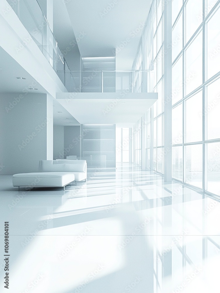 Obraz premium A minimalist white interior with sleek glass walls, perfect for creating an open and airy feel in the living room of your villa or apartment. generative ai