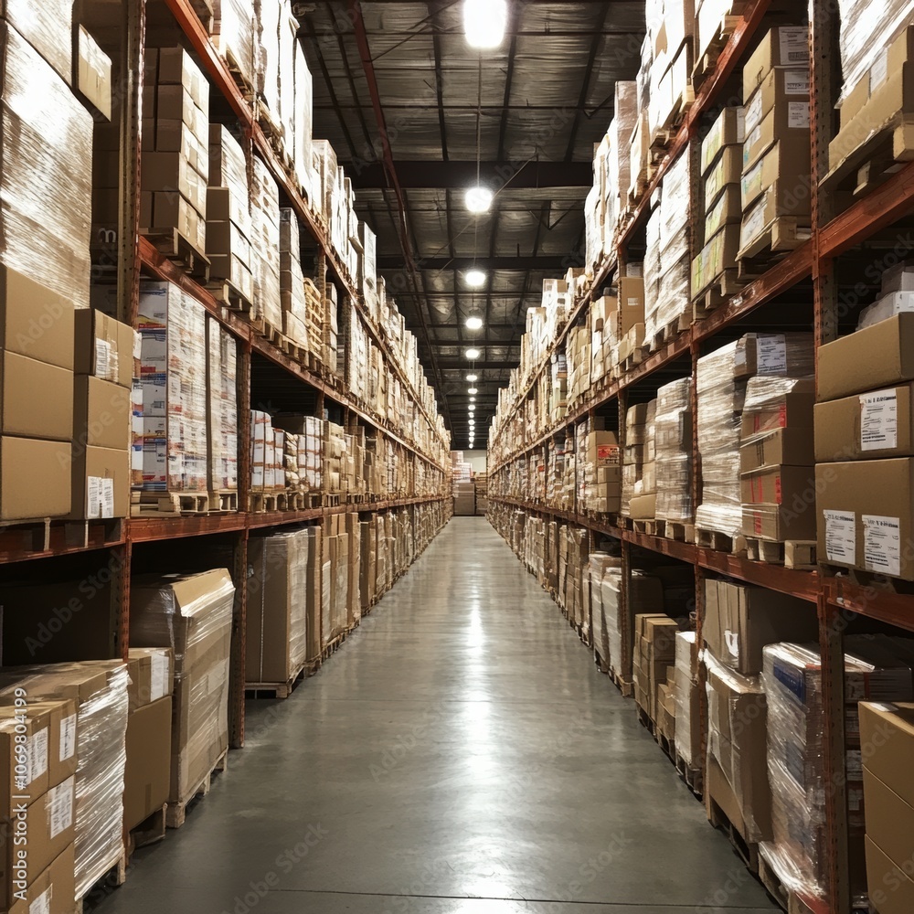 Fototapeta premium Vast Warehouse Inventory Cardboard Boxes Storage Logistics