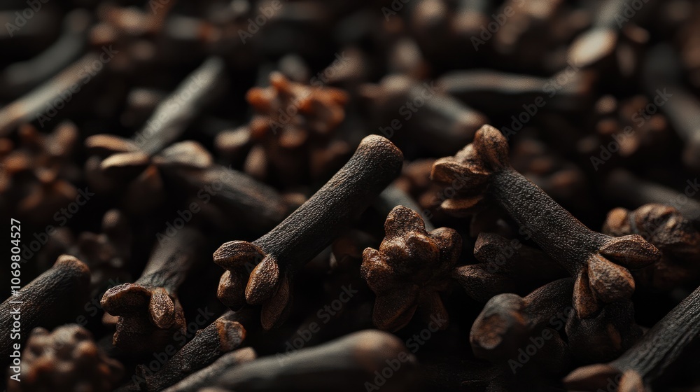 An extreme close-up of cloves arranged randomly, highlighting their texture and detail. An extreme close-up of cloves arranged randomly, highlighting their texture and detail.