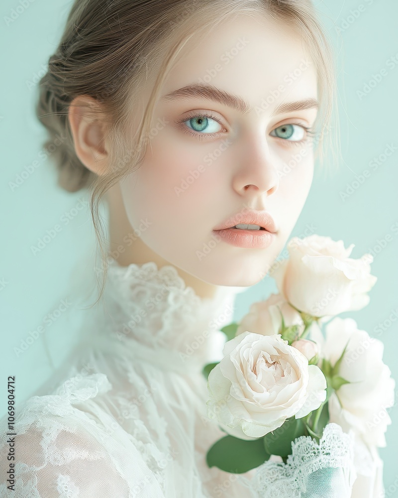 Blushing Bride: Captured in a soft, ethereal light, a stunning bride with delicate features and a bouquet of roses. Her gaze is both innocent and alluring.