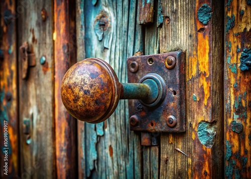 A Close-Up of a Rusty Door Knob on an Old Wooden Door, Capturing the Beauty of Age and Wear in Documentary Photography