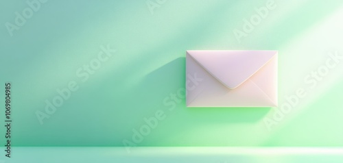 Minimalist Envelope on Mint Green Background: A single white envelope rests against a vibrant mint green backdrop, bathed in soft, natural sunlight. The image evokes a sense of calm and anticipation.