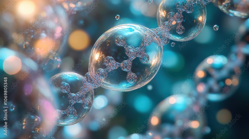 Close-up of Transparent Molecules with Blue and Orange Light Reflections in a Scientific and Futuristic Environment Close-up of Transparent Molecules with Blue and Orange Light Reflections in a Scientific and Futuristic Environment