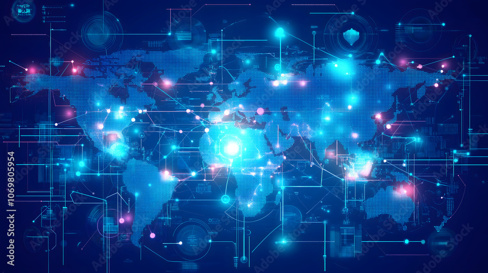 An image of a world map overlaid with interconnected lines and nodes, representing global shipping routes and data flow. The map features glowing lines to signify real-time data and technological int An image of a world map overlaid with interconnected lines and nodes, representing global shipping routes and data flow. The map features glowing lines to signify real-time data and technological int