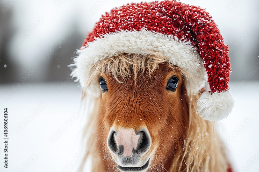 A delightful portrait of a horse in a fluffy red Christmas hat evokes warmth and cheer, ideal for holiday greeting cards and winter festivities. A delightful portrait of a horse in a fluffy red Christmas hat evokes warmth and cheer, ideal for holiday greeting cards and winter festivities.