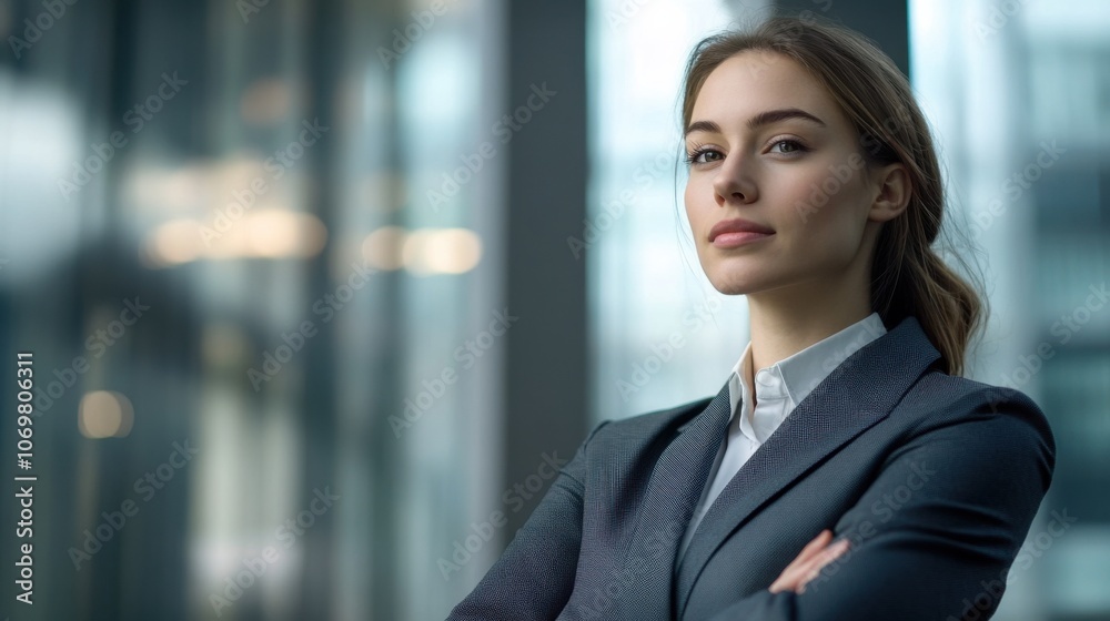 Young businesswoman standing with copy space, dressed in business attire, looking professional Young businesswoman standing with copy space, dressed in business attire, looking professional