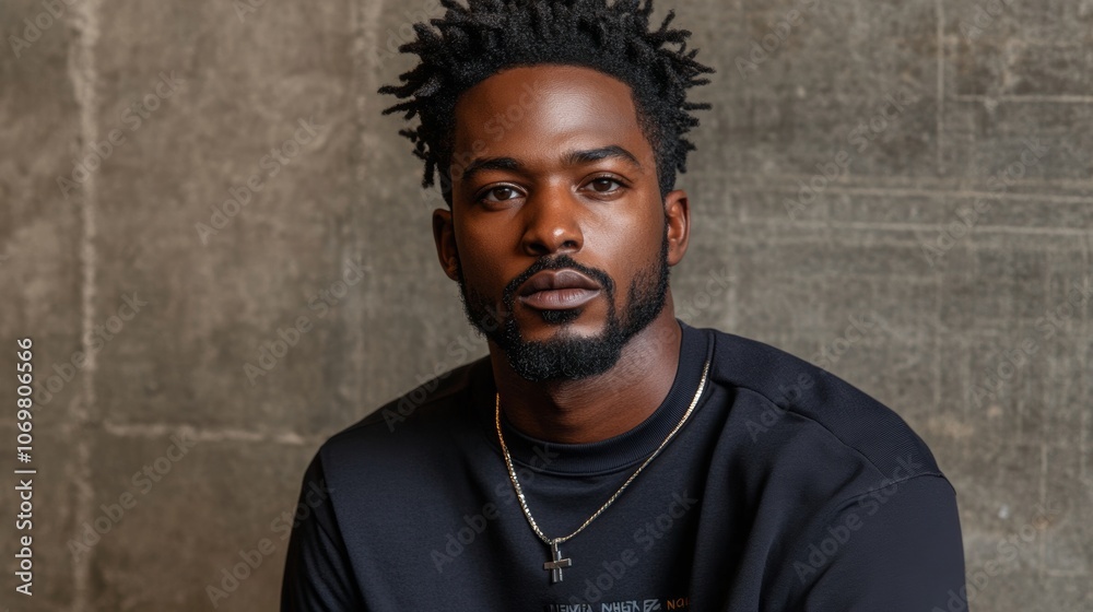 Confident Black Man Portrait Serious Expression Dark Sweatshirt Textured Background Confident Black Man Portrait Serious Expression Dark Sweatshirt Textured Background