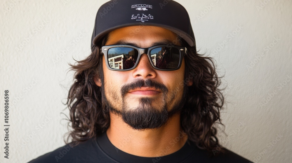 Man with Long Hair Sunglasses Baseball Cap Portrait Man with Long Hair Sunglasses Baseball Cap Portrait