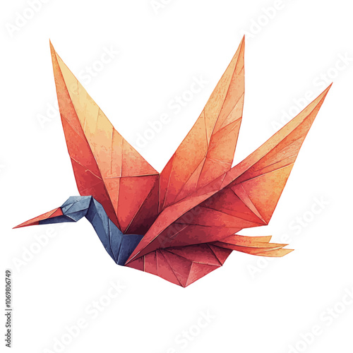 Origami bird isolated on white background. Hand drawn watercolor illustration. 