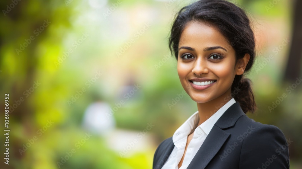 Young Indian businesswoman smiling outdoors, dressed in formal attire, looking professional Young Indian businesswoman smiling outdoors, dressed in formal attire, looking professional