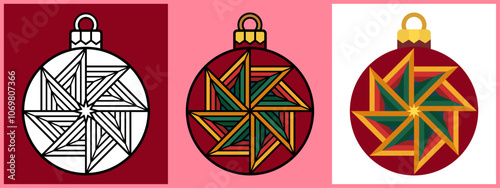 Christmas Ornament Balls with Metal Windmill Toy, Outline Coloring Flat style. Vector illustration.