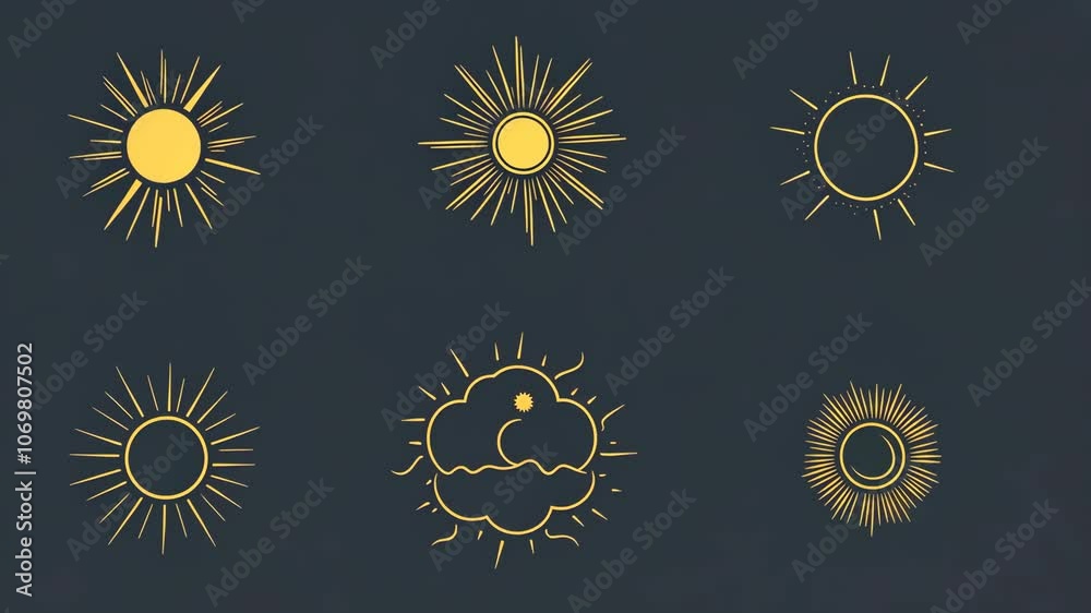 Six sun icons with different styles are displayed on a dark blue background Six sun icons with different styles are displayed on a dark blue background