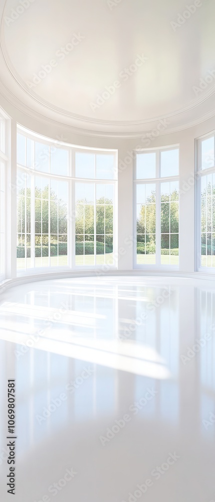 Fototapeta premium Sunlit Modern Room: Expansive windows bathe a pristine, minimalist room in natural light, creating a serene and elegant atmosphere. Ideal for showcasing furniture, design.