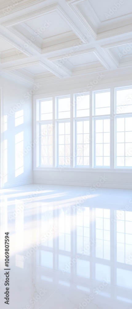 Fototapeta premium Modern Minimalism: A pristine, white interior with large windows and a coffered ceiling creates a sense of airy spaciousness and tranquility.