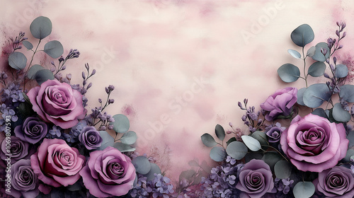 Wallpaper Mural Romantic watercolor floral border frame, clusters of lilac flowers, purple roses, eucalyptus leaves, soft and subtle, transparent background Torontodigital.ca