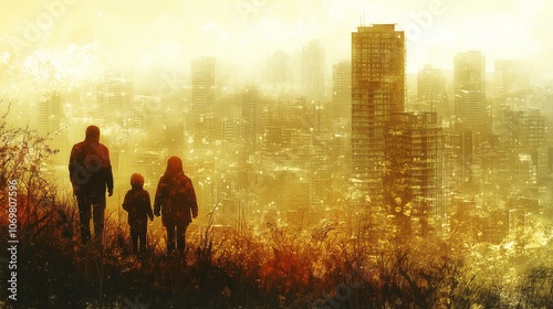 Family overlooking hazy cityscape at sunset