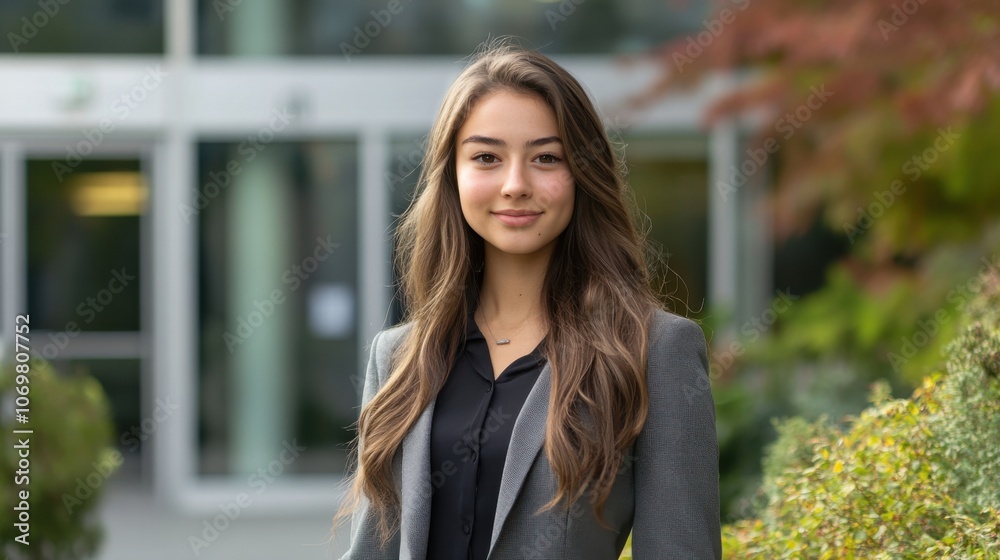 Fototapeta premium Young woman standing in front of an office building, dressed professionally, with a confident expression