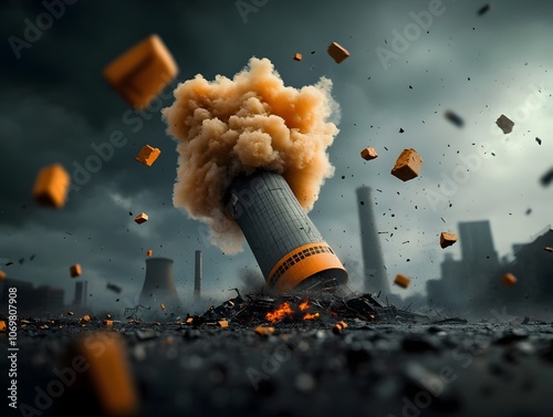 Catastrophic power plant explosion debris hurtling through the air amidst charred remains of shattered infrastructure and ominous clouds of radioactive smoke creating a dystopian photo