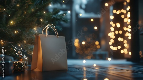 Christmas gift bag standing under decorated christmas tree with fairy lights photo