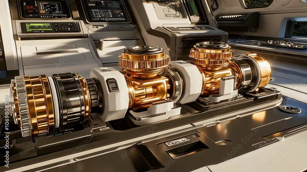 A close-up shot of a spaceship's control panel, featuring a series of metallic, cog-like machinery