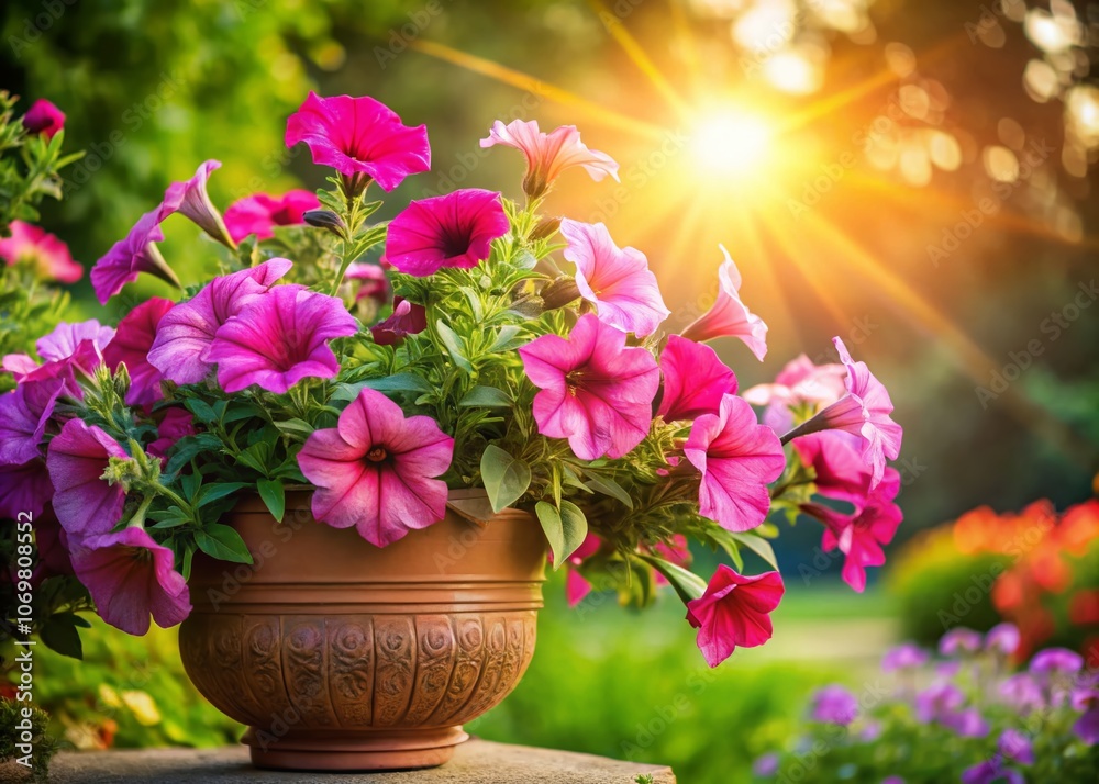 Vibrant Blooming Petunia Flowers in Pot: A Captivating Display of Beautiful Pink Summer Flowers in an Outdoor Garden Setting Vibrant Blooming Petunia Flowers in Pot: A Captivating Display of Beautiful Pink Summer Flowers in an Outdoor Garden Setting